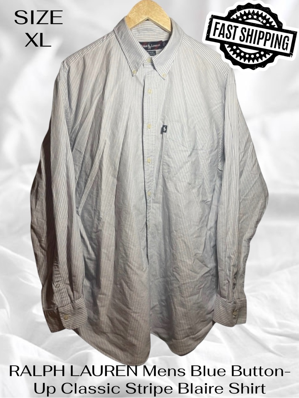 Vintage 90s RALPH LAUREN Men’s Blaire Blue Seersucker Shirt XL FAST SHIPPING